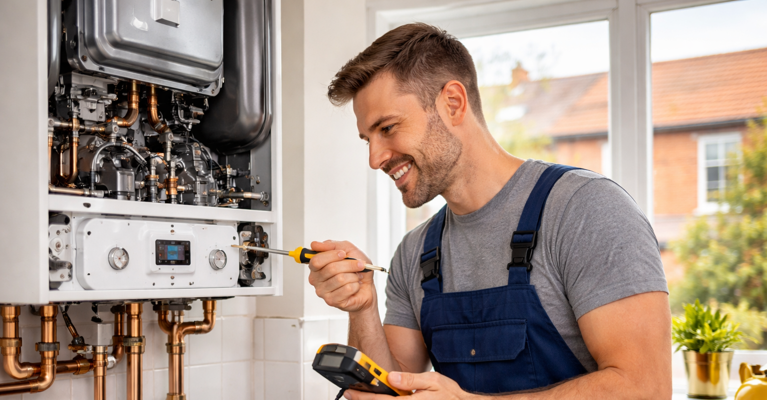 Gas Safe heating engineer servicing a boiler